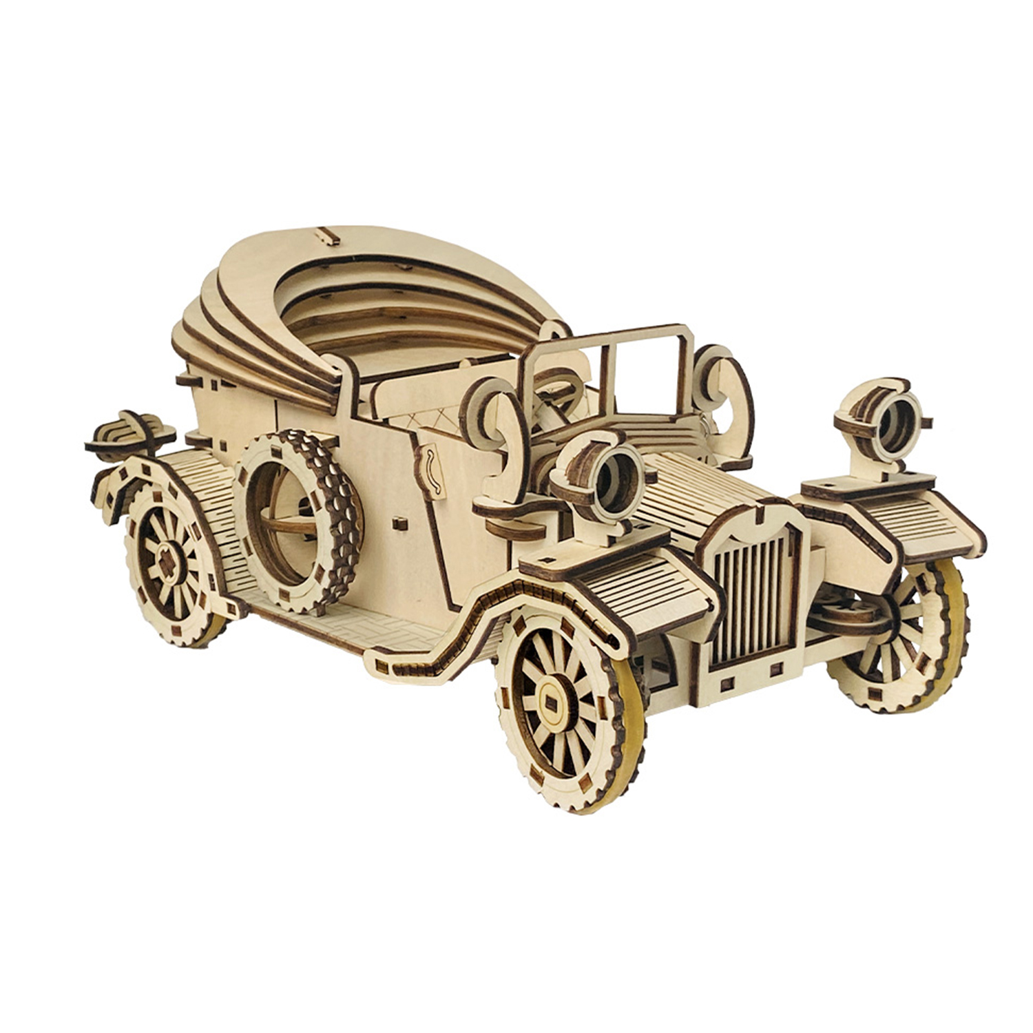 Un'auto modello vintage in legno con tettuccio rimovibile.