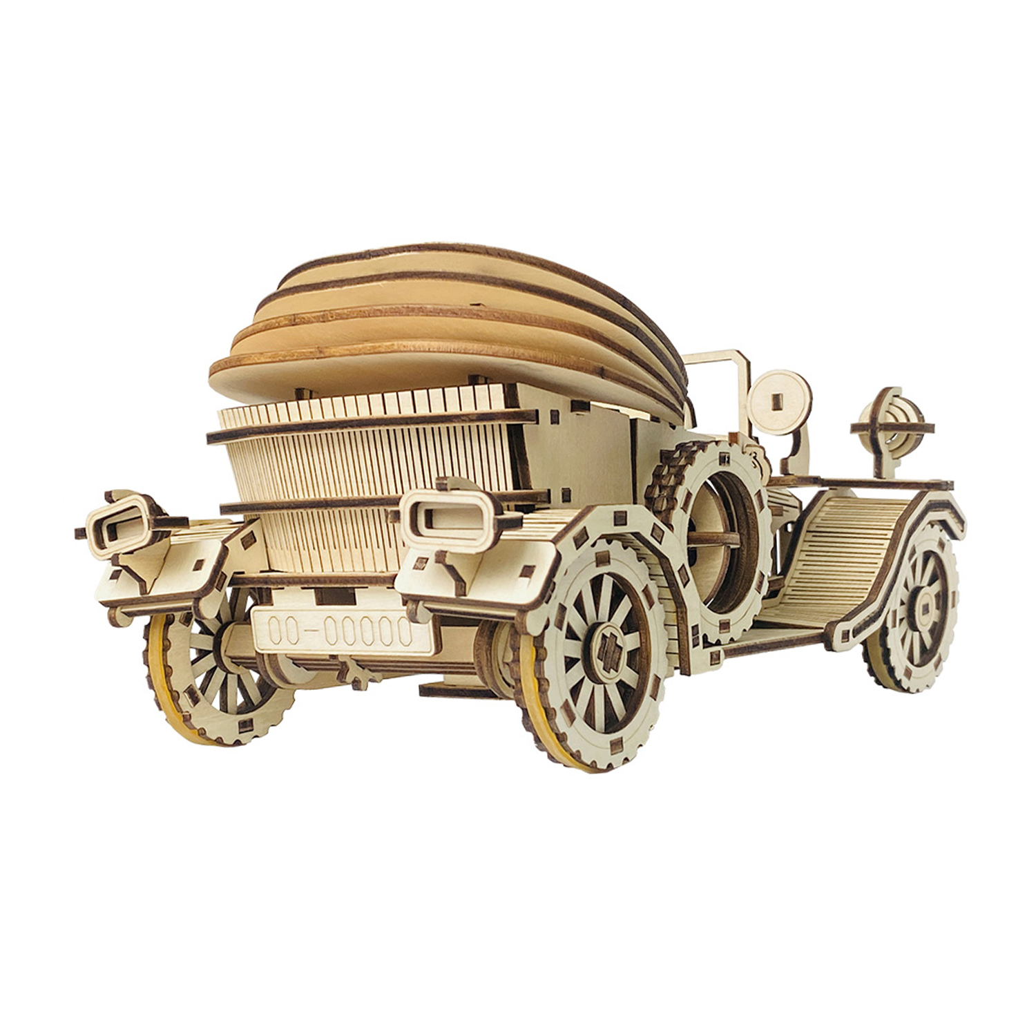 Un'auto modello in legno stile vintage con ruote e carrozzeria dettagliate.