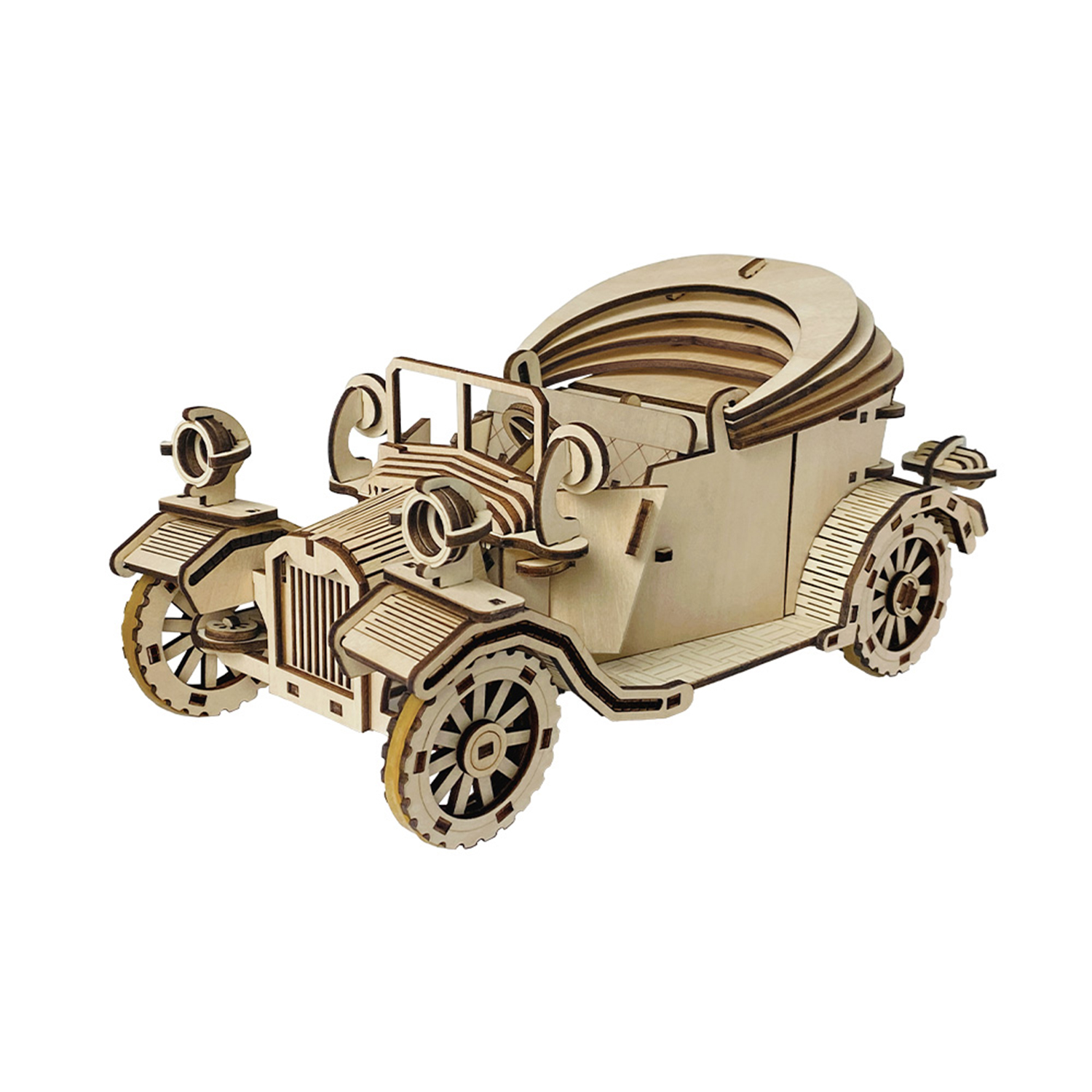 Un'auto modello in legno stile vintage con capote, su sfondo bianco.
