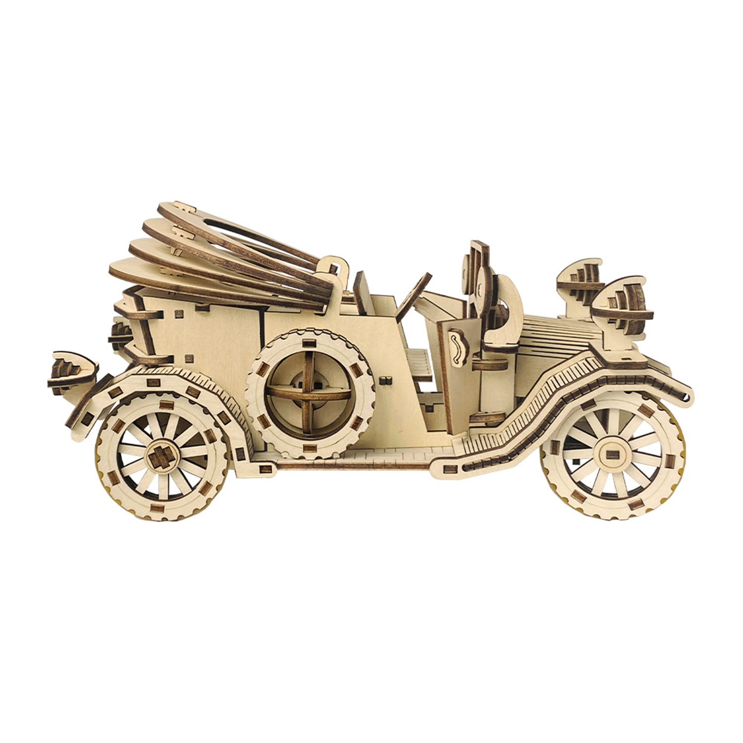 Un'auto modello in legno stile vintage con tetto apribile e ruote grandi.