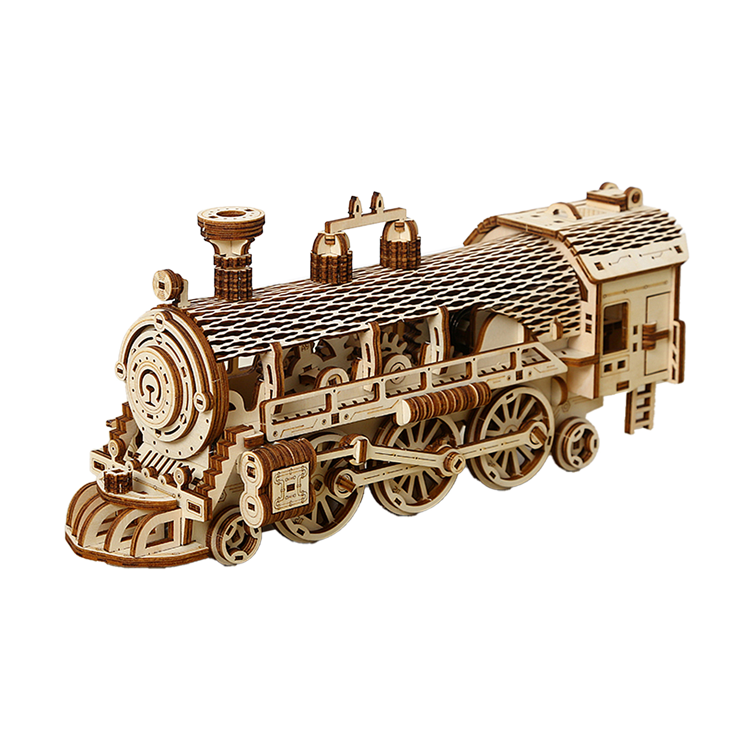 Un dettagliato modello in legno di una locomotiva a vapore con ruote e camino.