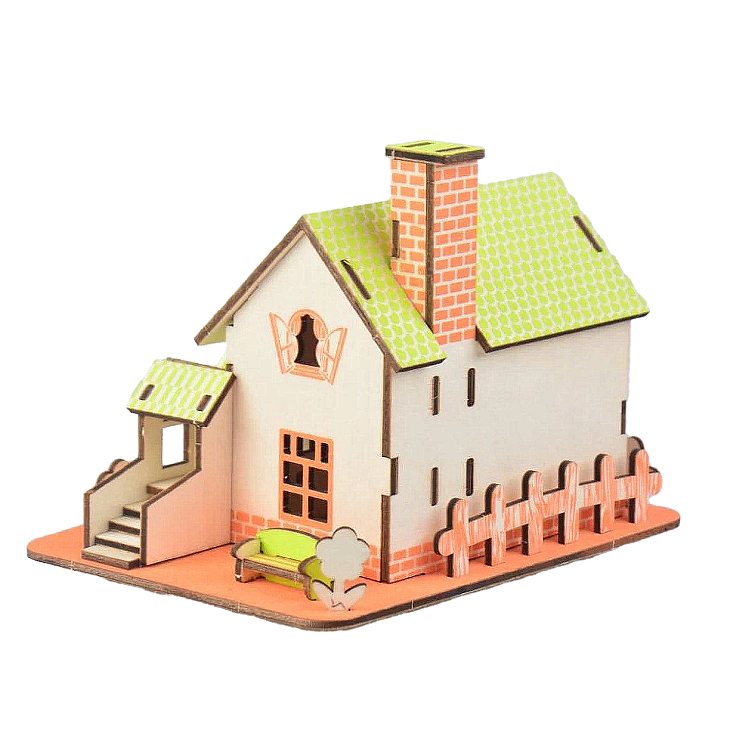 Una casa modello con tetto piastrellato, camino, recinzione e panca.