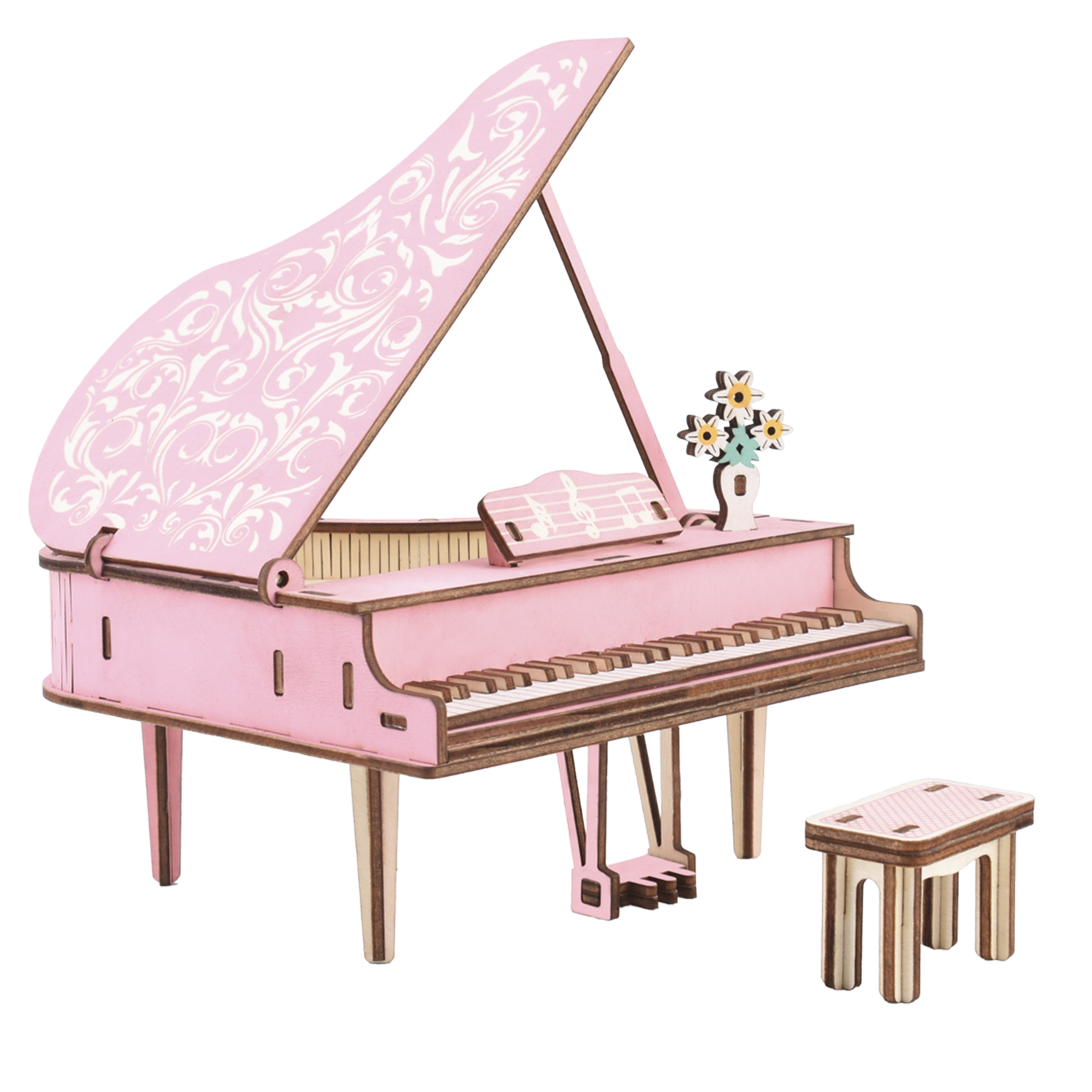Un modello di pianoforte a coda rosa con leggio e fiori.