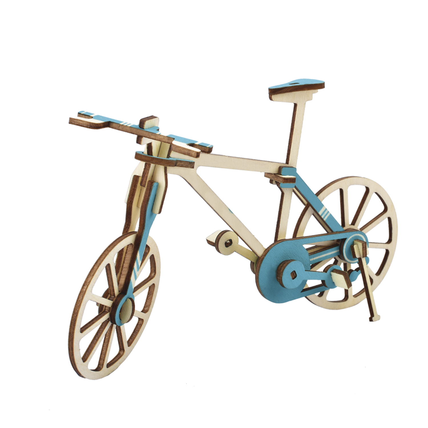 Un modello di bicicletta in legno con accenti blu su sfondo bianco.