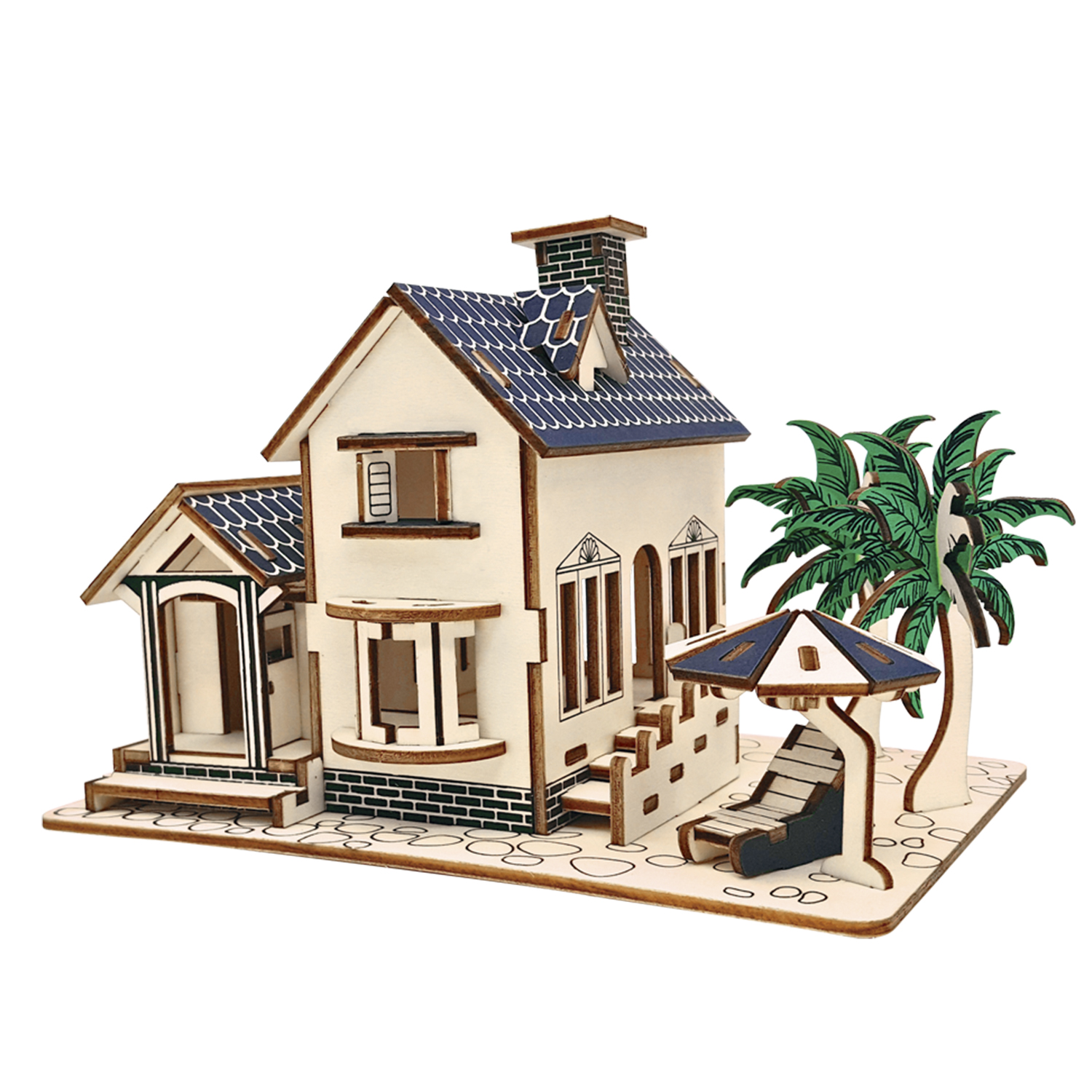 Modello di casa in legno con tetto blu, palma e sdraio.