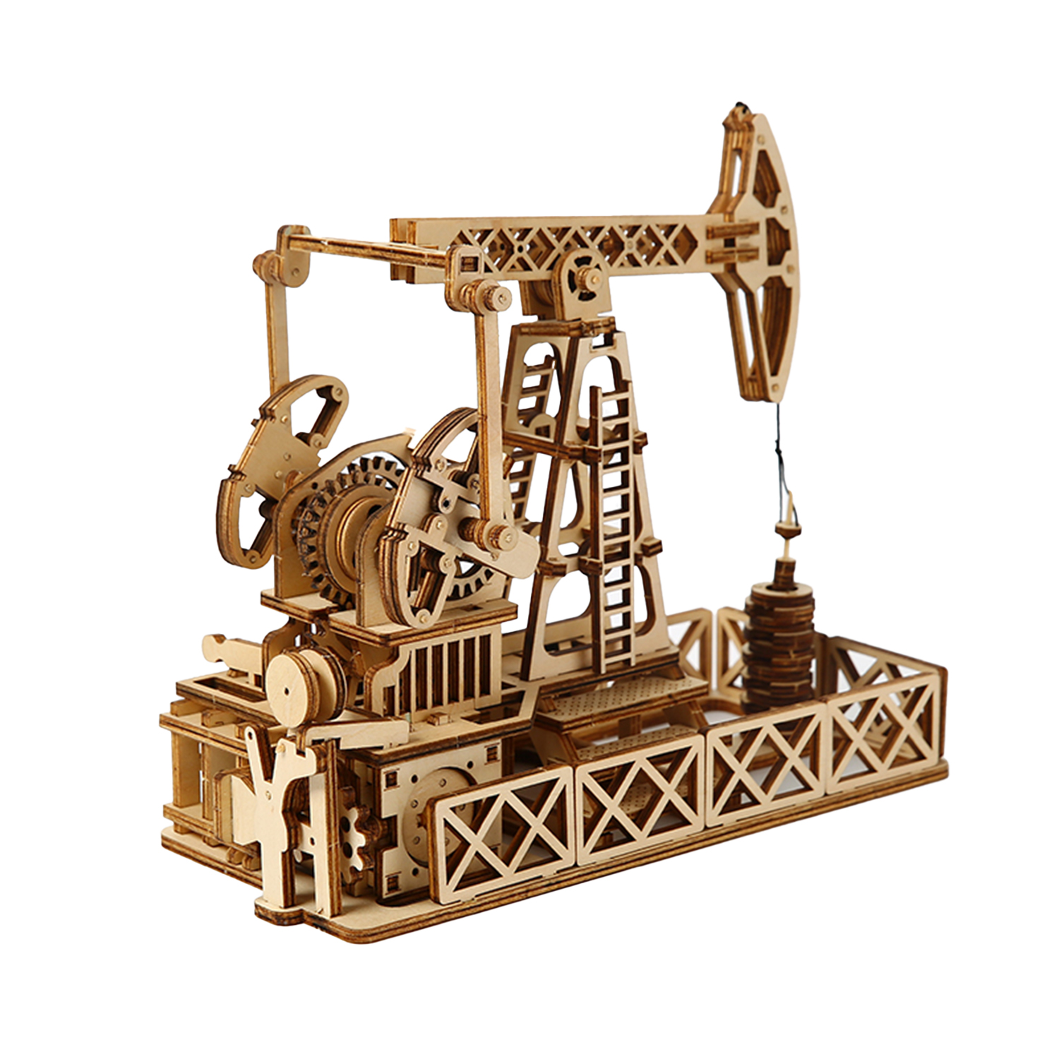 Modello in legno di una pompa petrolifera con ingranaggi e piattaforma.