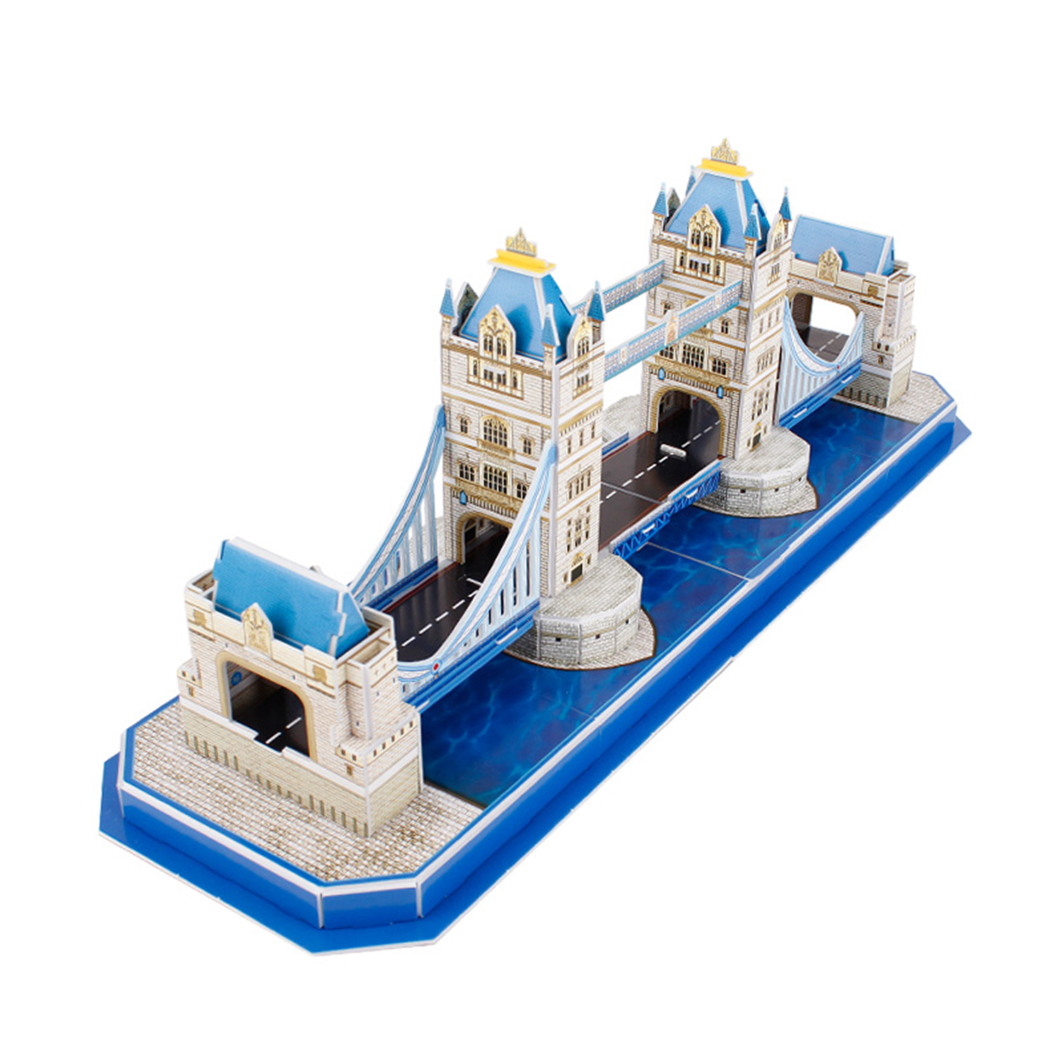 Un modello puzzle 3D del Tower Bridge di Londra, con tetti blu e acqua.