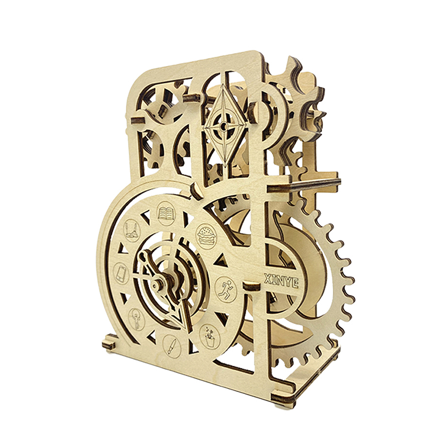 Un dettagliato modello in legno di un complesso orologio meccanico con ingranaggi e simboli.