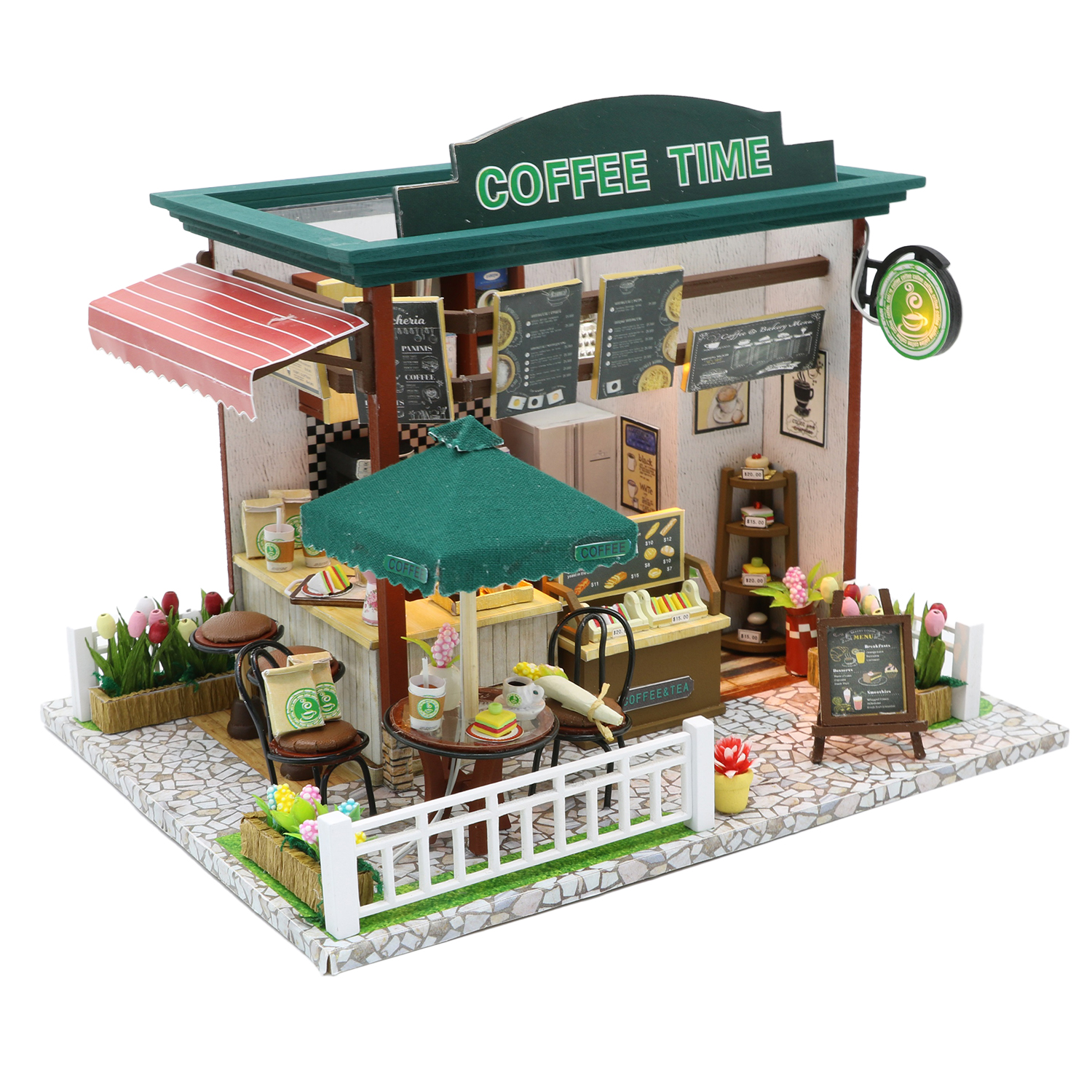 Mini caffetteria con insegna "COFFEE TIME", tavoli, sedie e fiori.