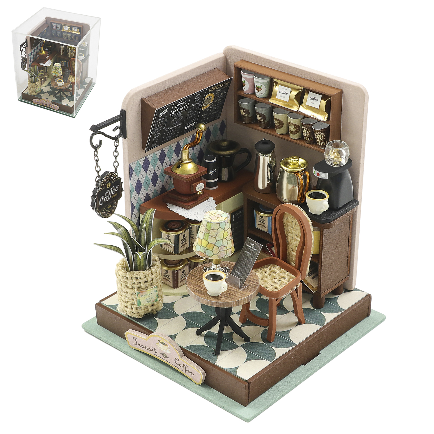 Caffetteria in miniatura con macchina da caffè, macinino, tavolo e sedia.