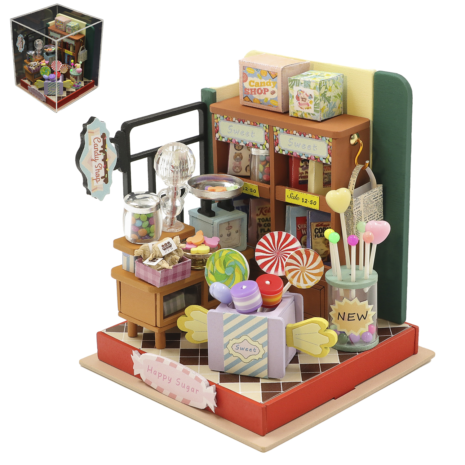 Negozio di caramelle in miniatura con dolci, scatole e un'insegna.