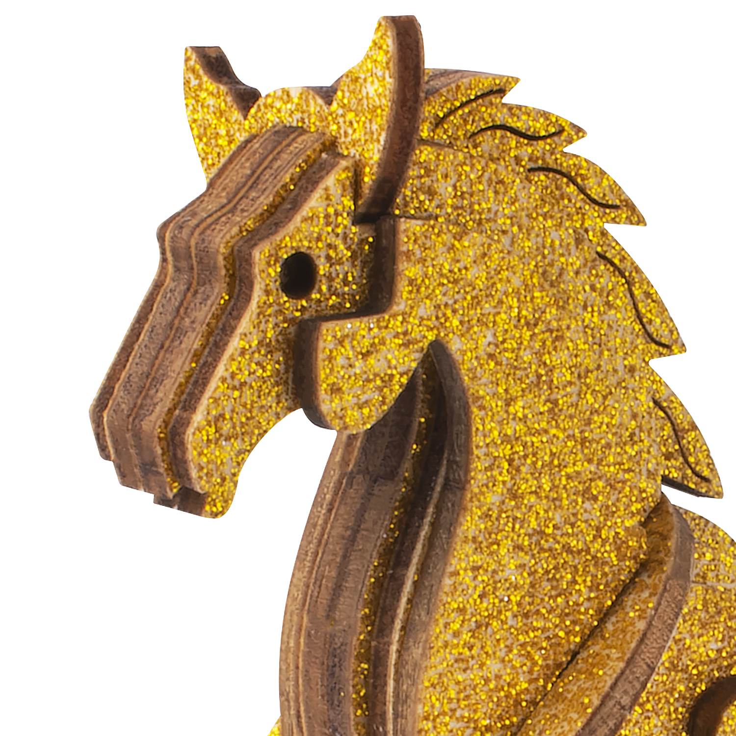 Modello di cavallo in legno con criniera glitterata dorata su sfondo bianco.
