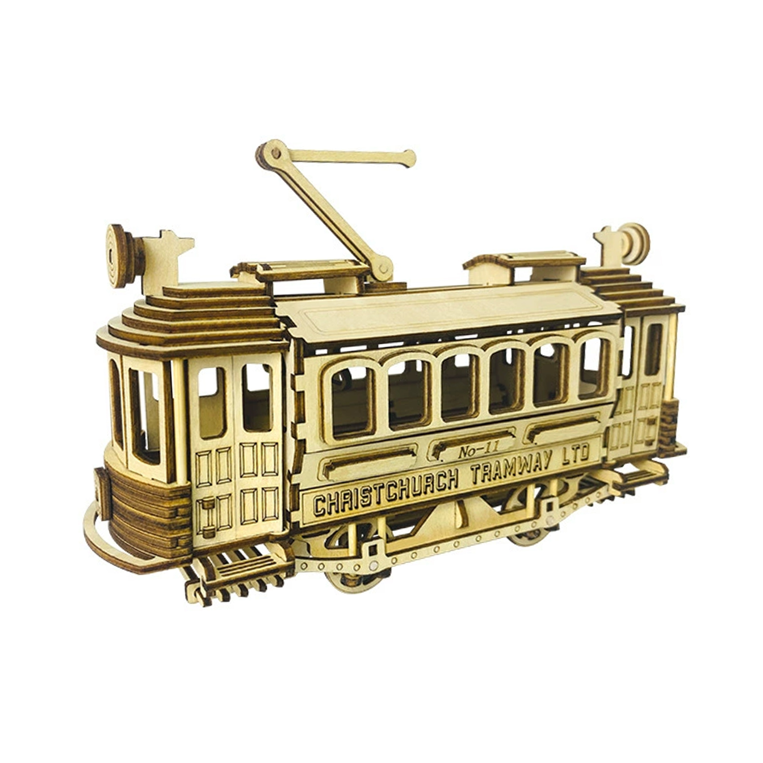 Un modello in legno di un tram, etichettato CHRISTCHURCH TRAMWAY LTD.
