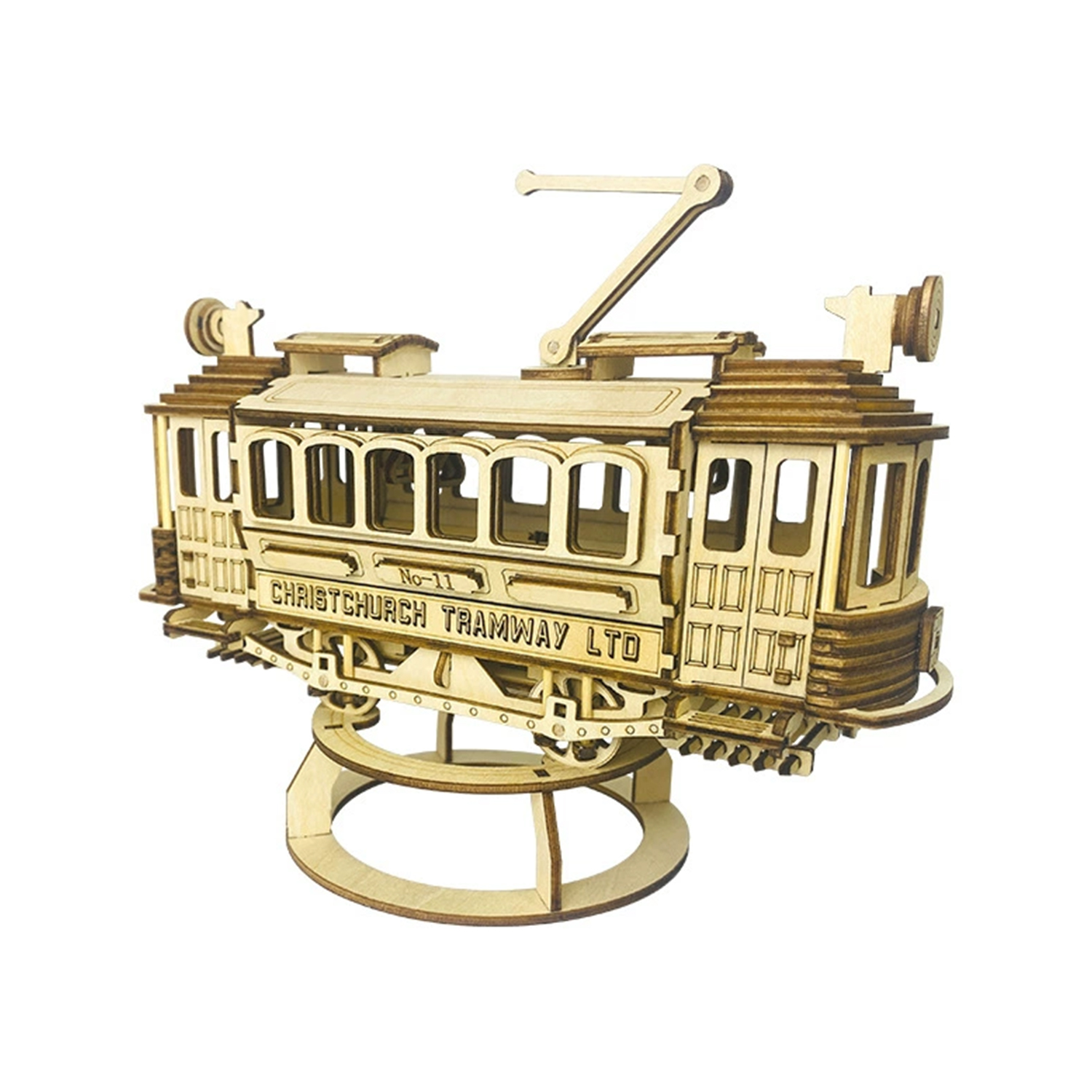 Un modello in legno di un tram etichettato 'CHRISTCHURCH TRAMWAY LTD'.