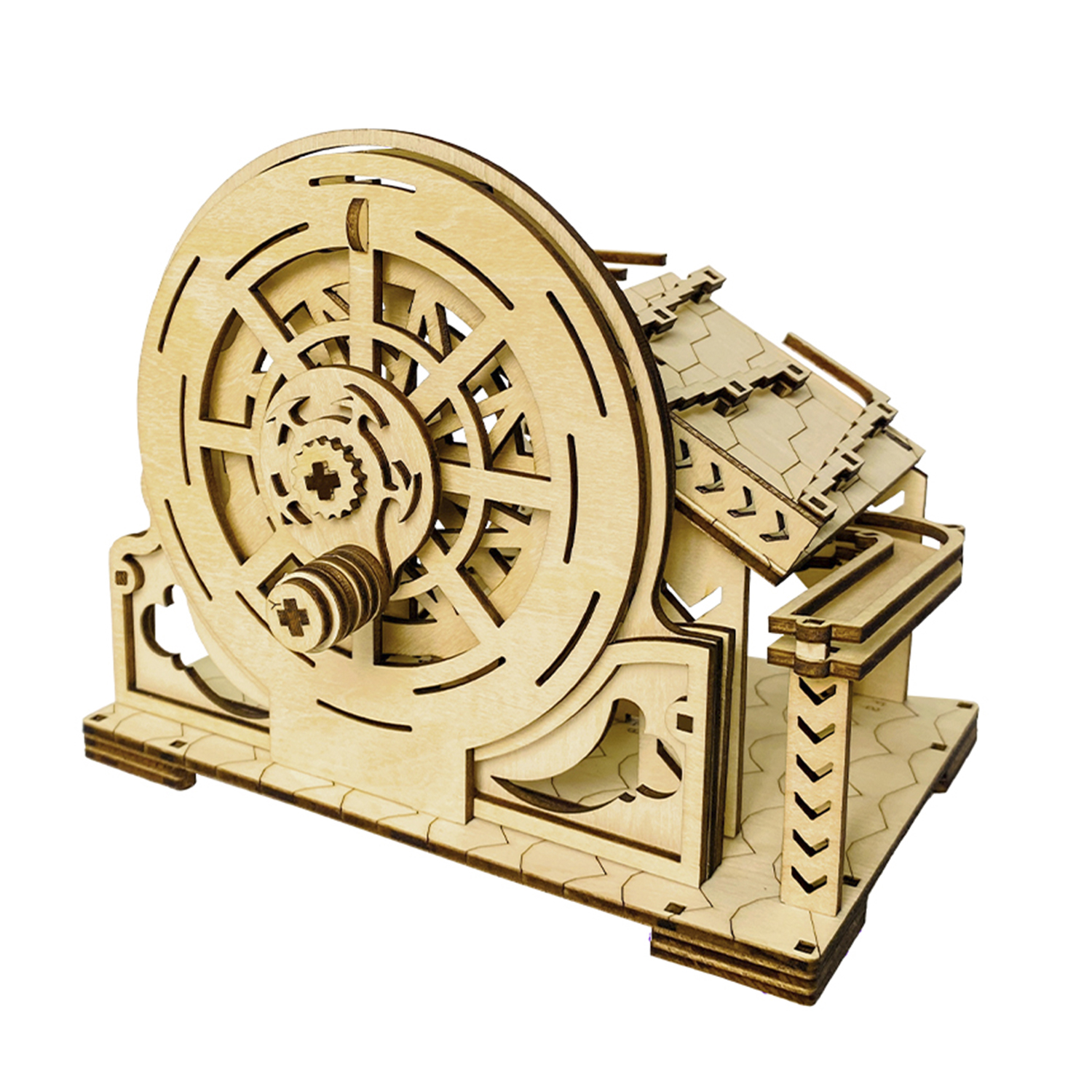 Modello in legno di una ruota con ingranaggi e tetto.