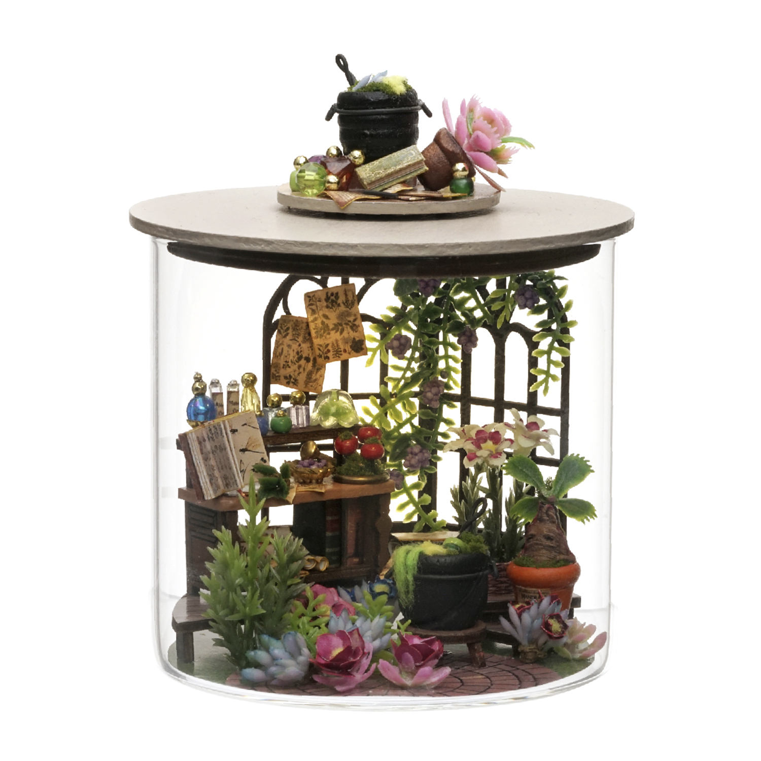 Giardino in miniatura in un contenitore di vetro con piante, vasi e libri.