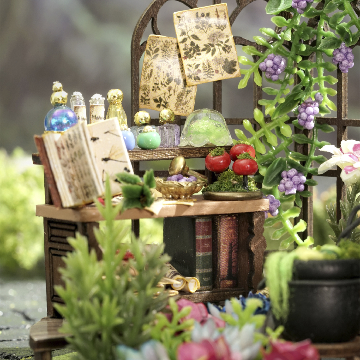 Una mensola in miniatura con libri, fiale, piante e bacche.