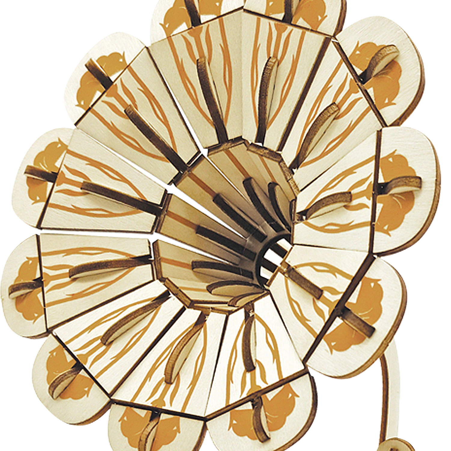 Modello di fiore in legno con petali arancioni e steli marroni.