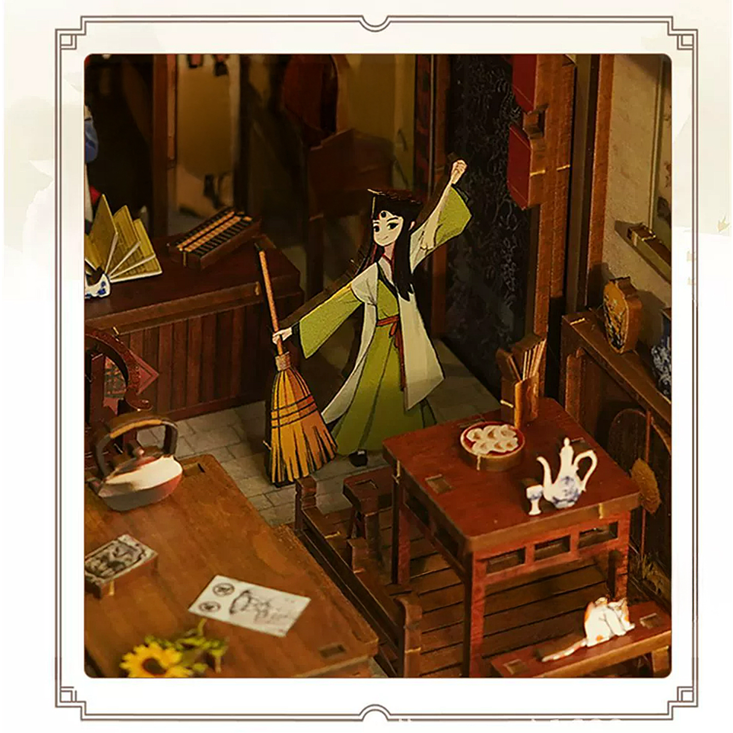 Una figura con scopa in una stanza in miniatura dettagliata con mobili e decorazioni.