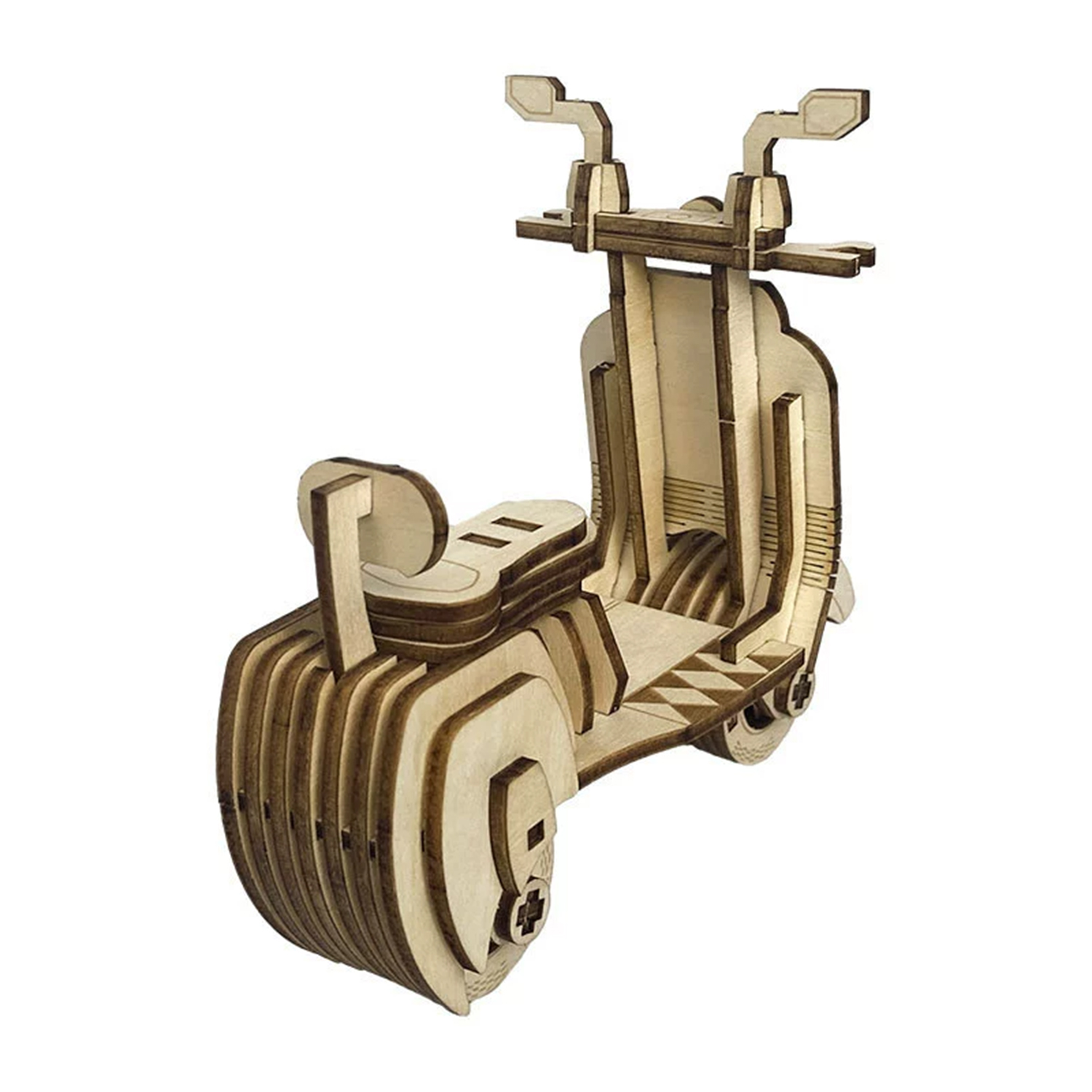 Un modello in legno di uno scooter con specchietti e sedile.