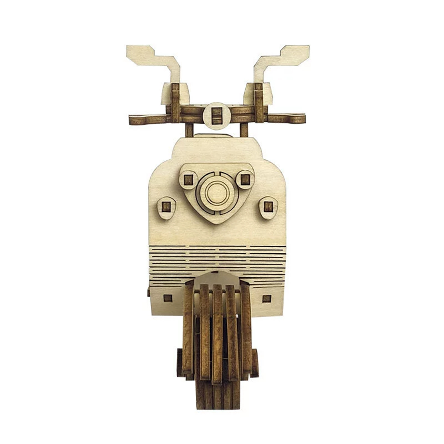 Un modello in legno di uno scooter, vista frontale, con dettagli in legno.