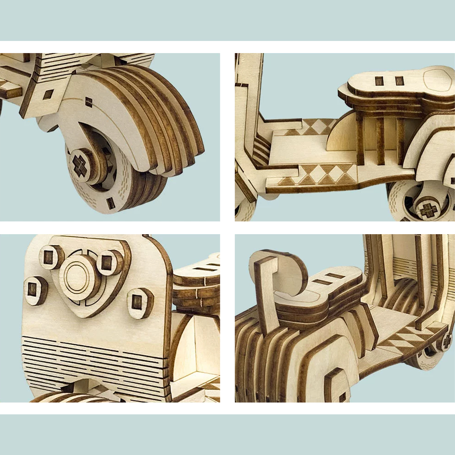 Modello di scooter in legno mostrato in più viste ravvicinate.