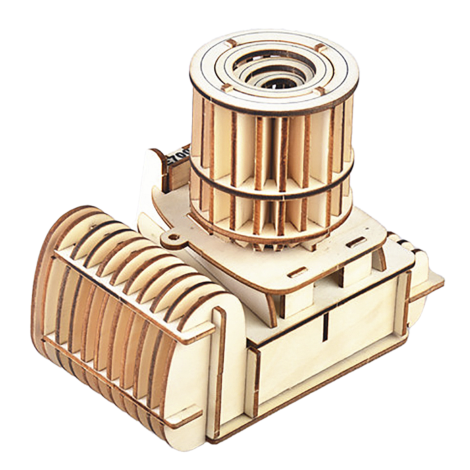Un modello in legno di un microfono e una fotocamera.