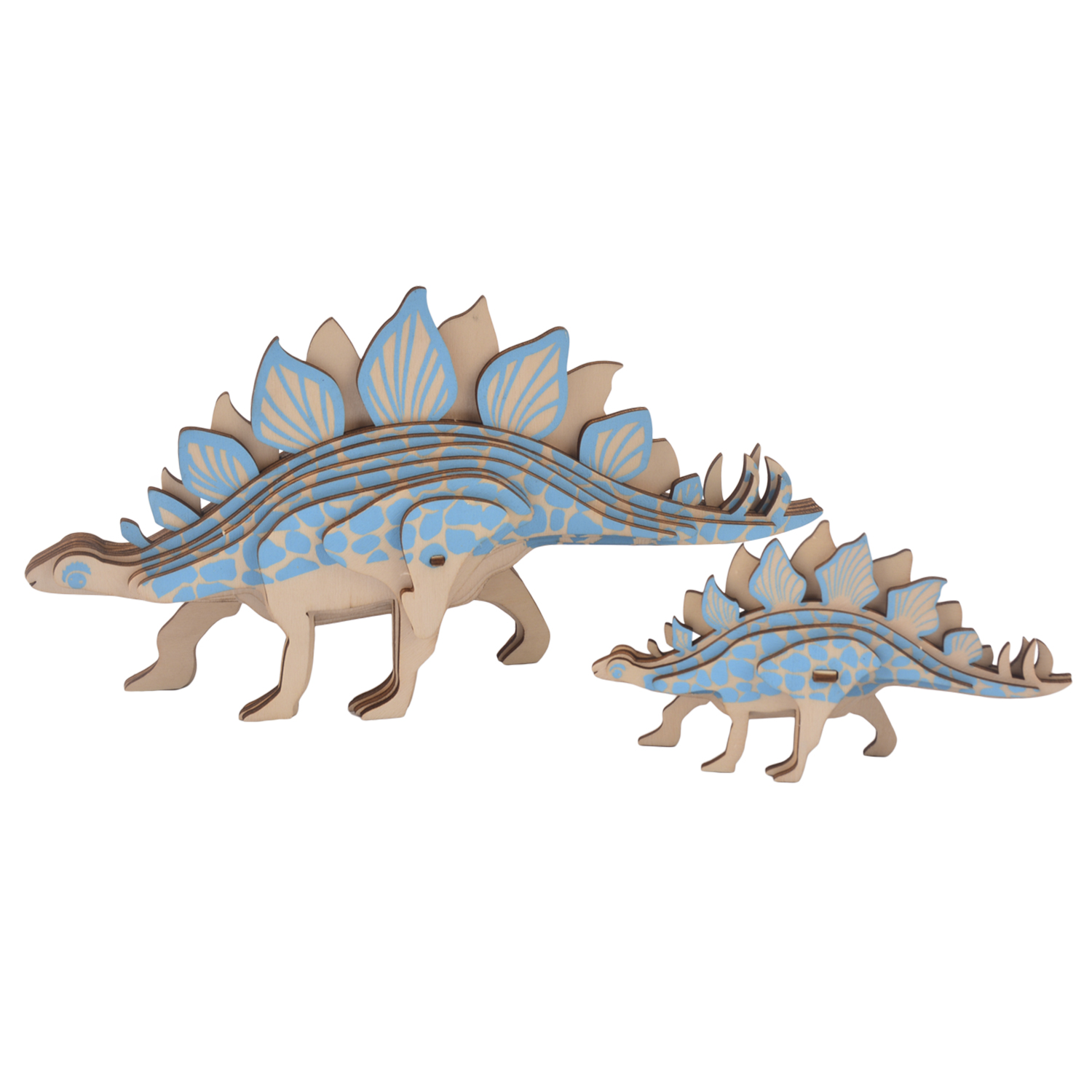 Due modelli di dinosauri in legno, uno grande e uno piccolo, con macchie blu.