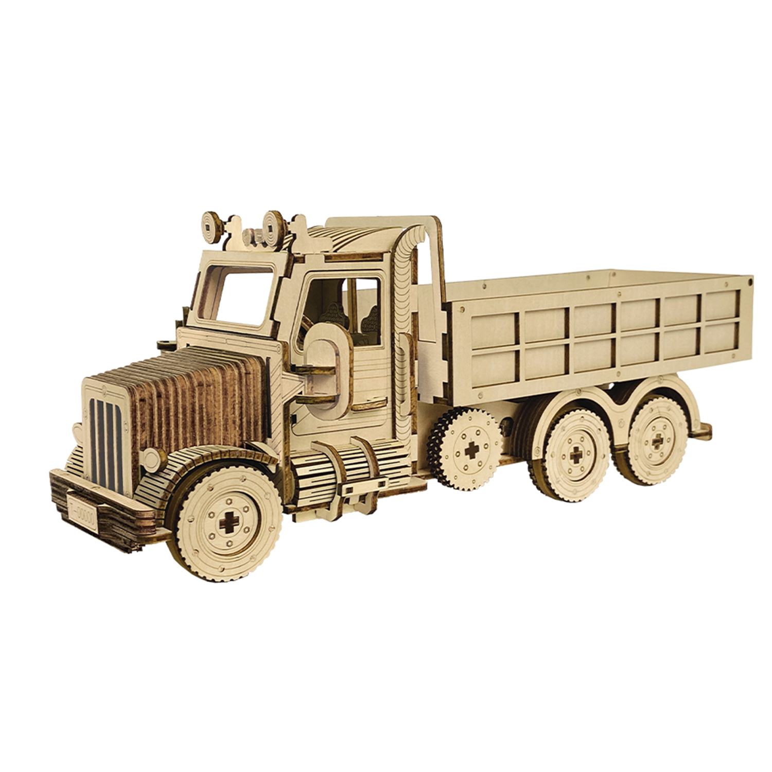 Un modello in legno di un camion con ruote dettagliate e cassone.