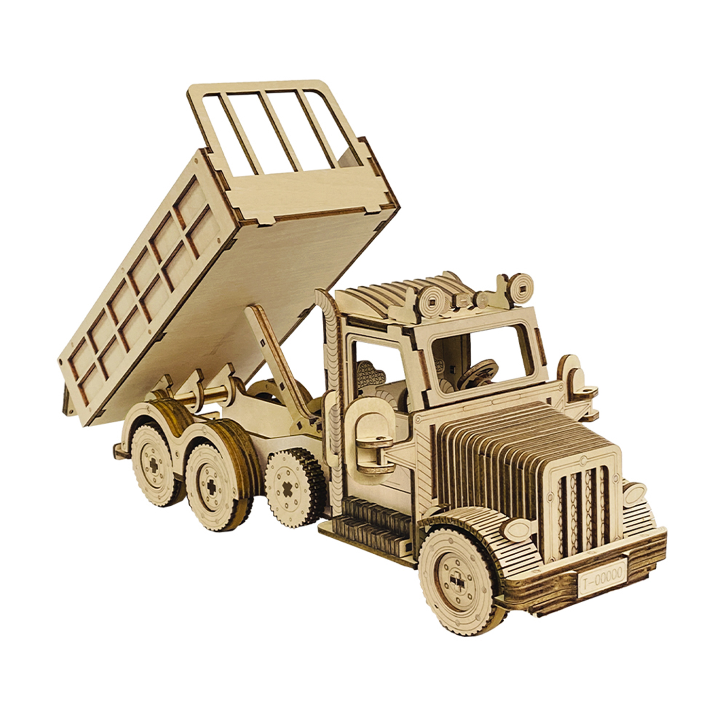 Modellino di camion ribaltabile in legno con cassone sollevato, ruote e griglia dettagliate.