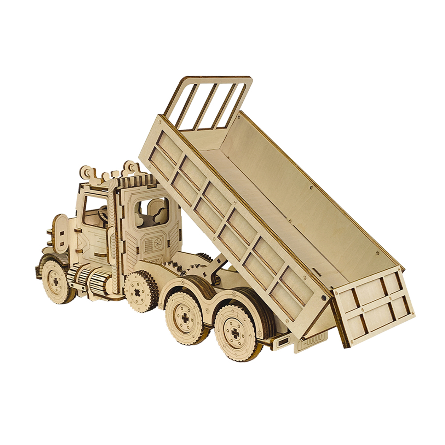 Un camion dumper in legno con il cassone sollevato, su sfondo bianco.