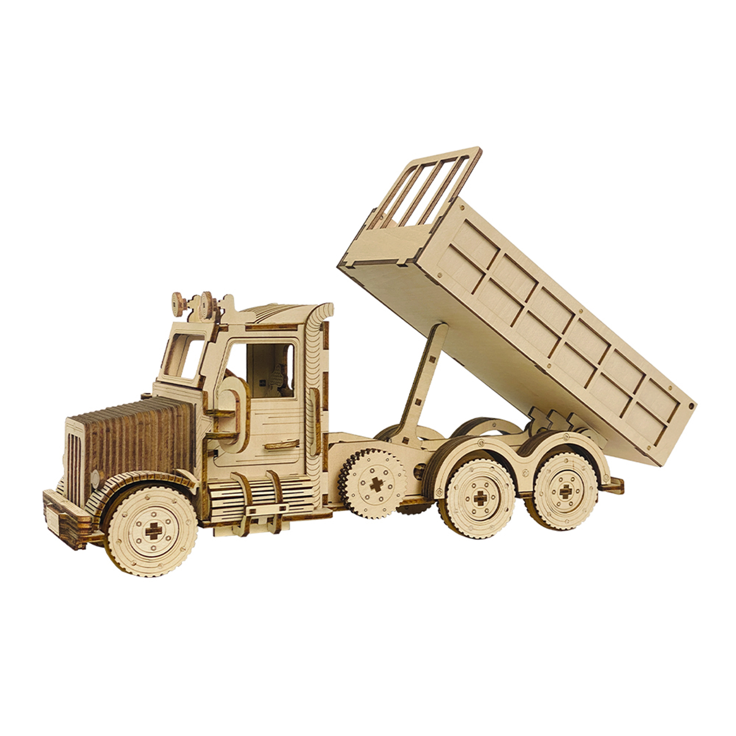 Un modello di camion ribaltabile in legno con cassone sollevato, ingranaggi e ruote dettagliati.