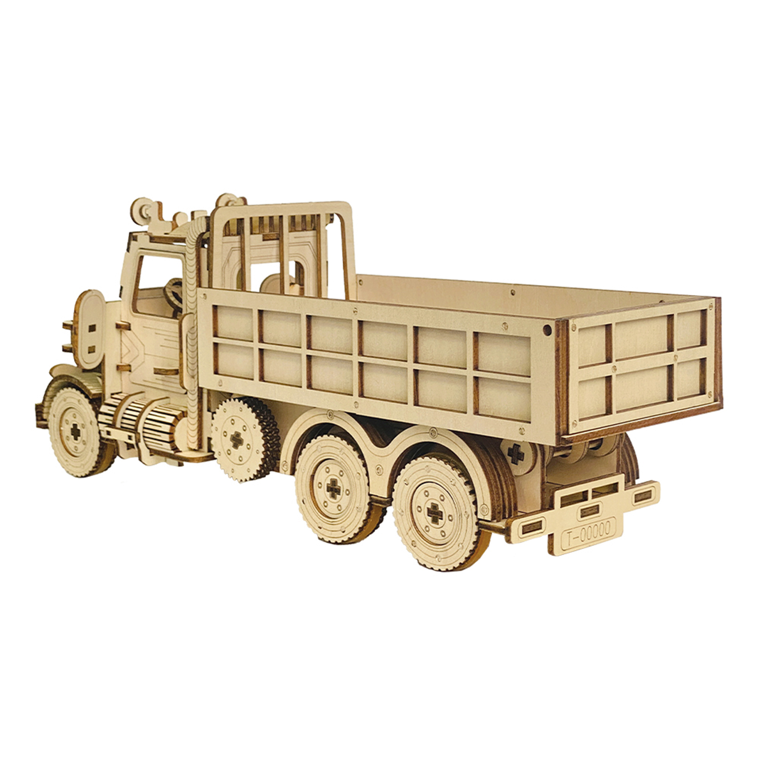 Un modello in legno di un camion ribaltabile a sei ruote, parte anteriore dettagliata e cassone.
