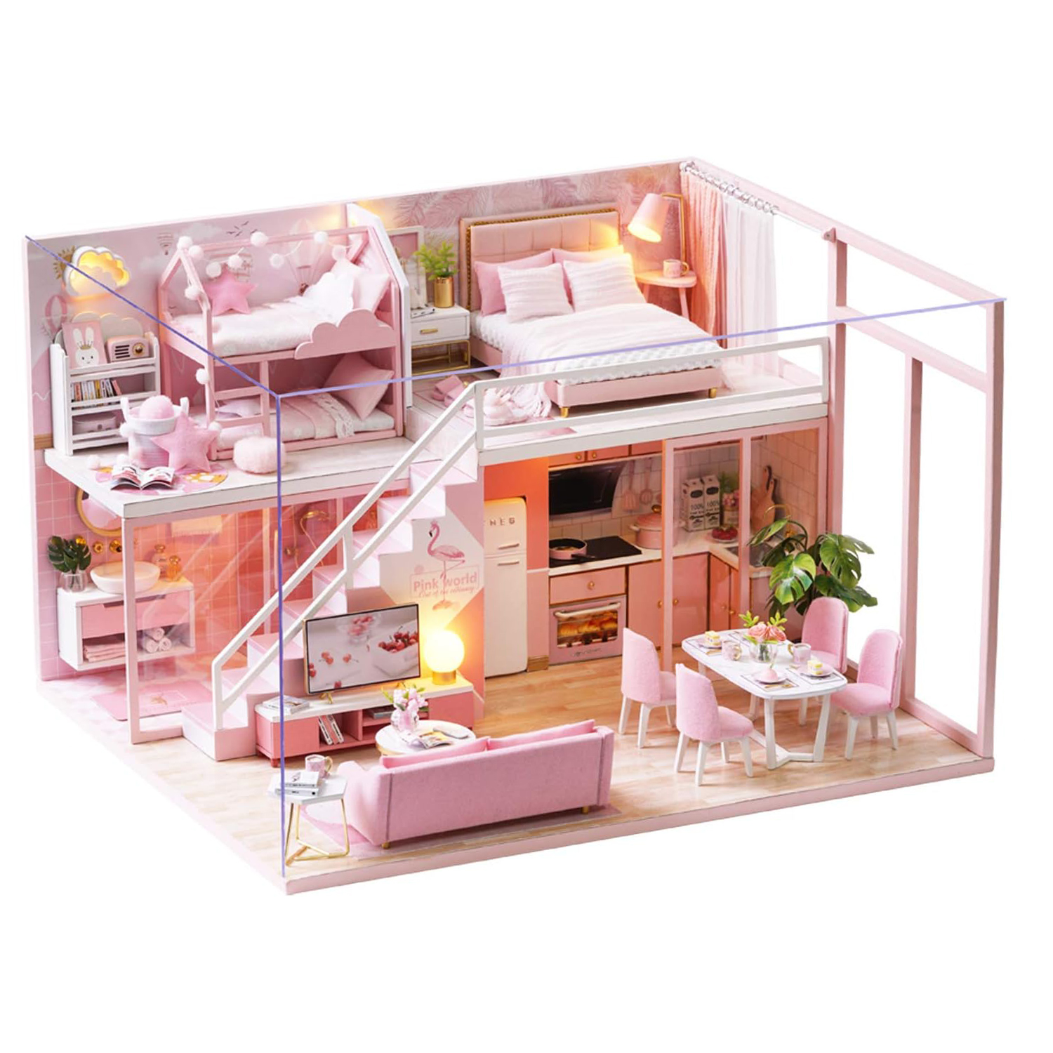 Una casa delle bambole rosa a due piani con cucina, soggiorno e due camere da letto.