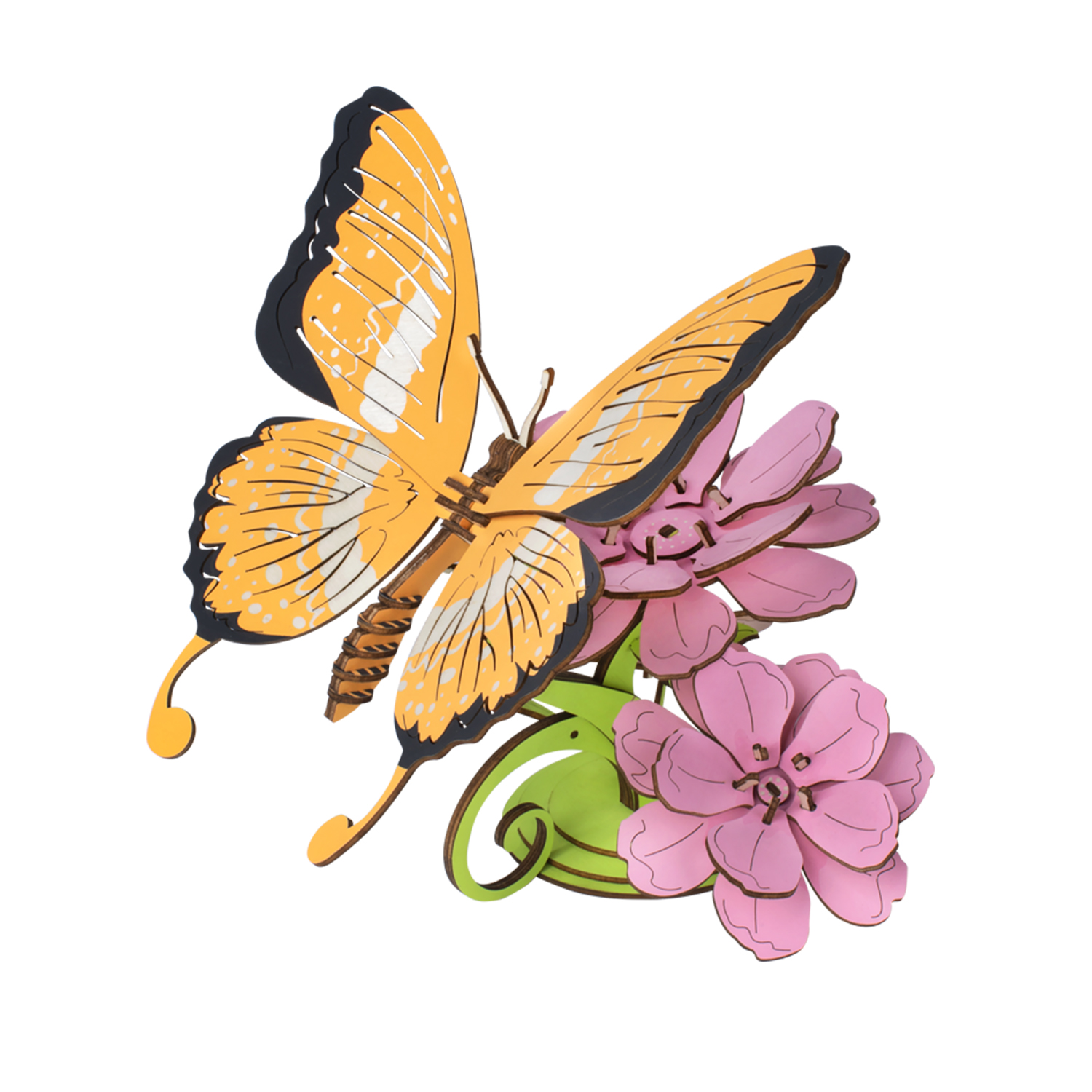 Una farfalla gialla con accenti neri su fiori rosa.