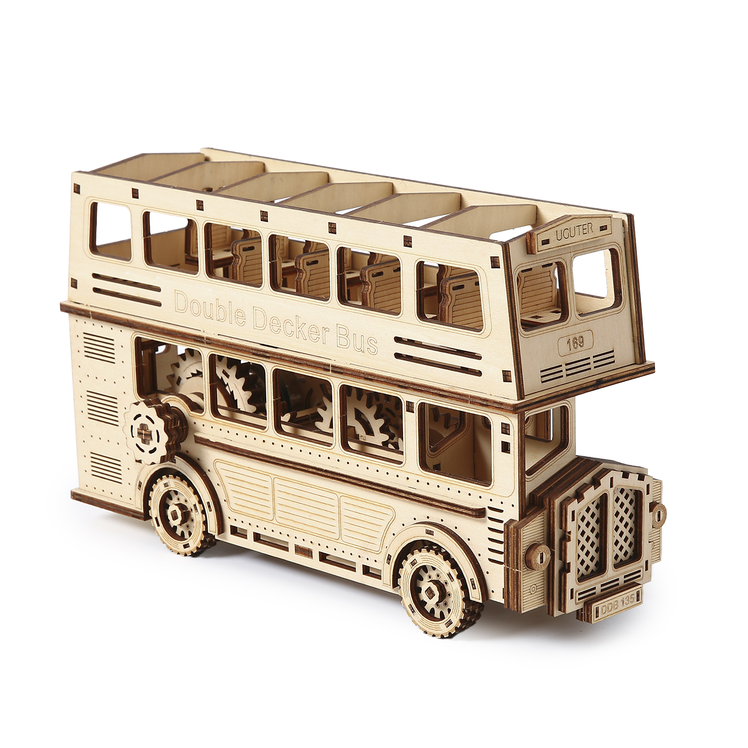 Un modello di autobus a due piani in legno con ingranaggi e sedili visibili.