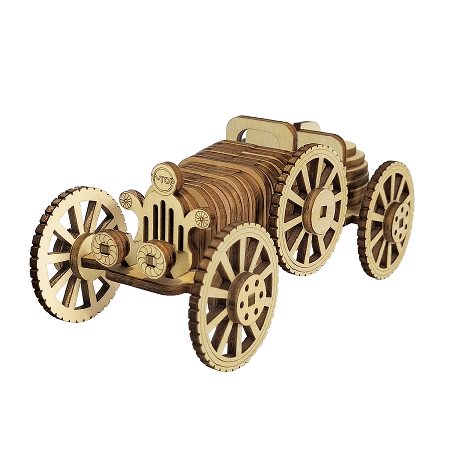 Un'auto modello in legno con ruote a raggi e tetto apribile.