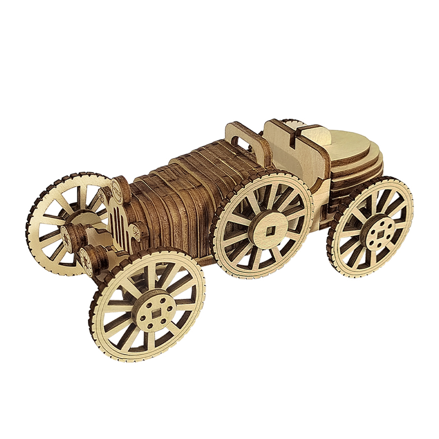 Un modellino di auto in legno con ruote a raggi e carrozzeria dettagliata.