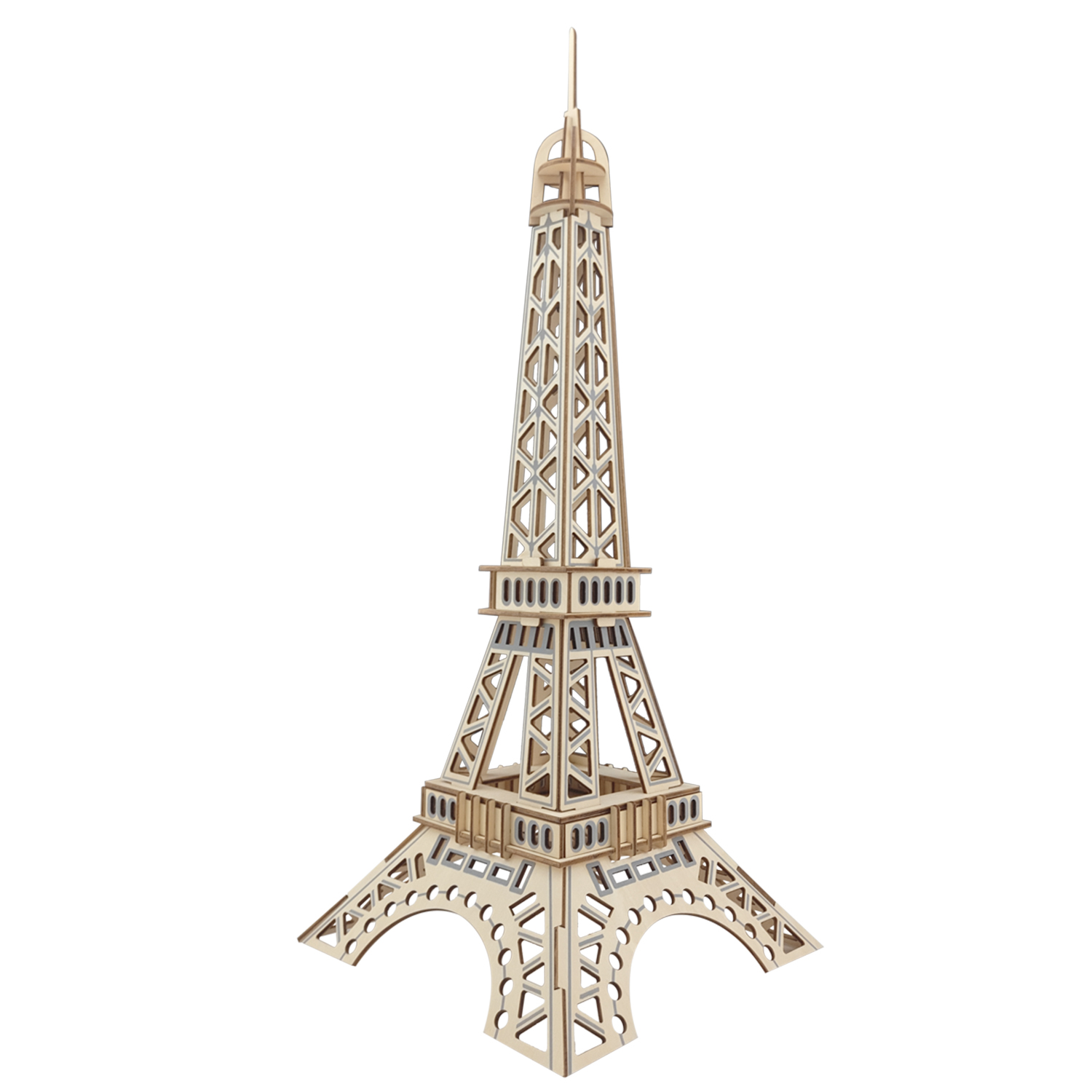 Un modello in legno della Torre Eiffel con un'intricata lavorazione a traliccio.