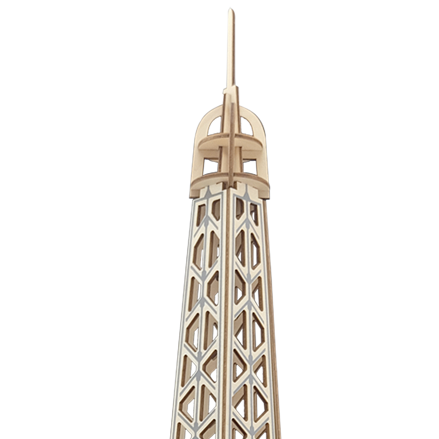 Un modello in legno della Torre Eiffel con struttura a traliccio.