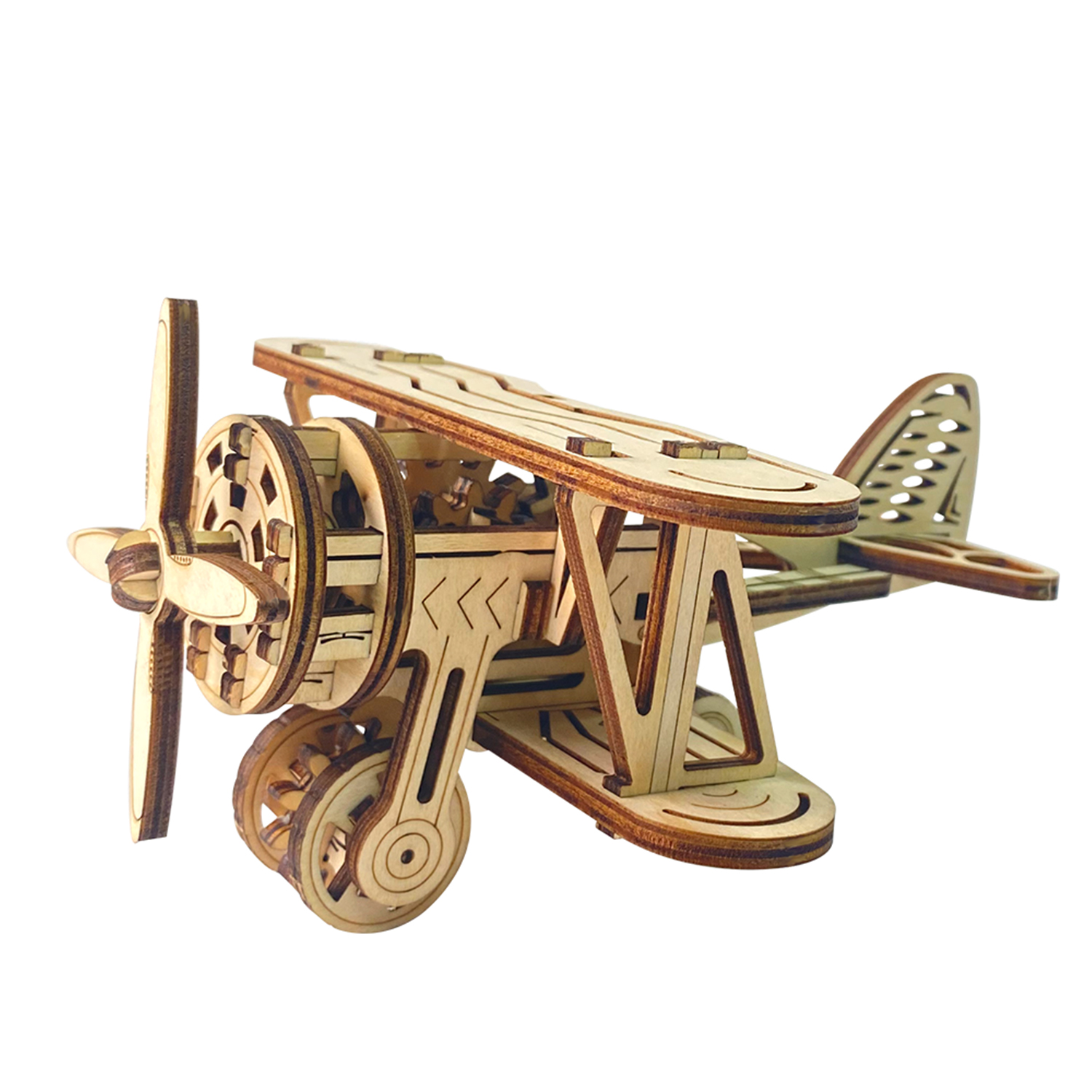Un biplano modello in legno con due ali e un'elica. Fatto di legno.