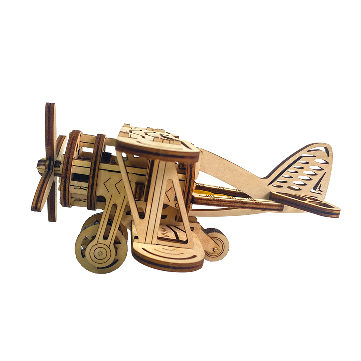 Un aereo modello in legno con due ali e un'elica.