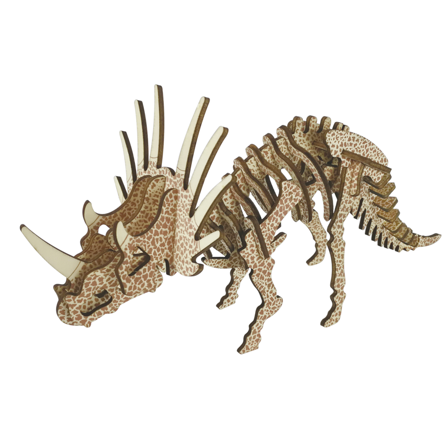 Un modello di scheletro di dinosauro in legno con macchie marroni.