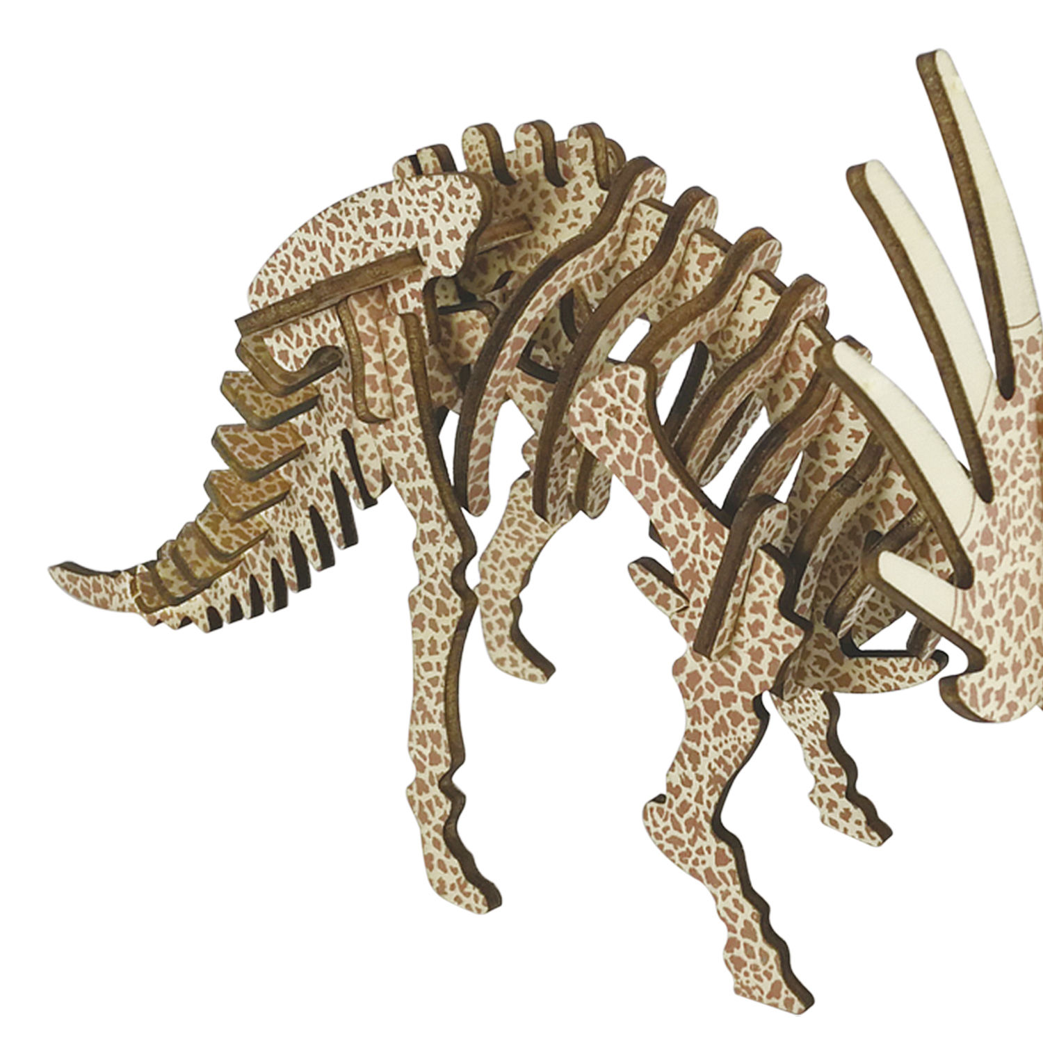 Modello di dinosauro in legno con fantasia giraffa.