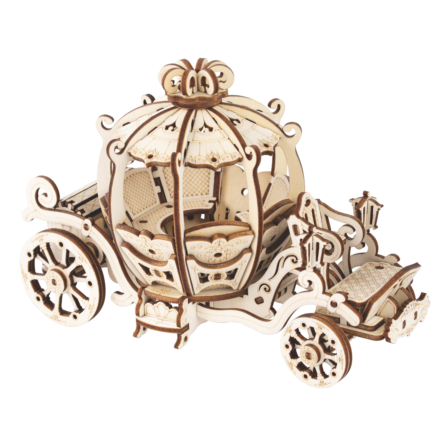 Un kit modello di carrozza in legno con intagli intricati e ruote.