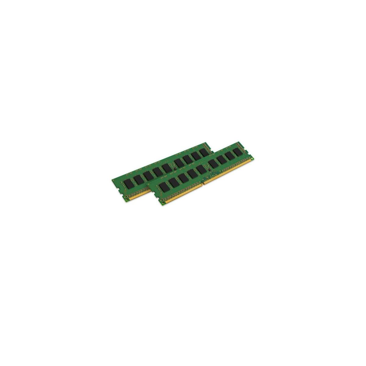 Deux modules de RAM verts avec des puces noires sont côte à côte.