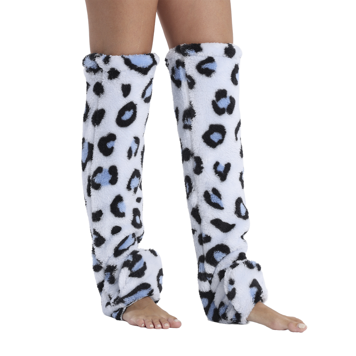 Scaldamuscoli pelosi con stampa leopardata blu e nera su sfondo bianco.