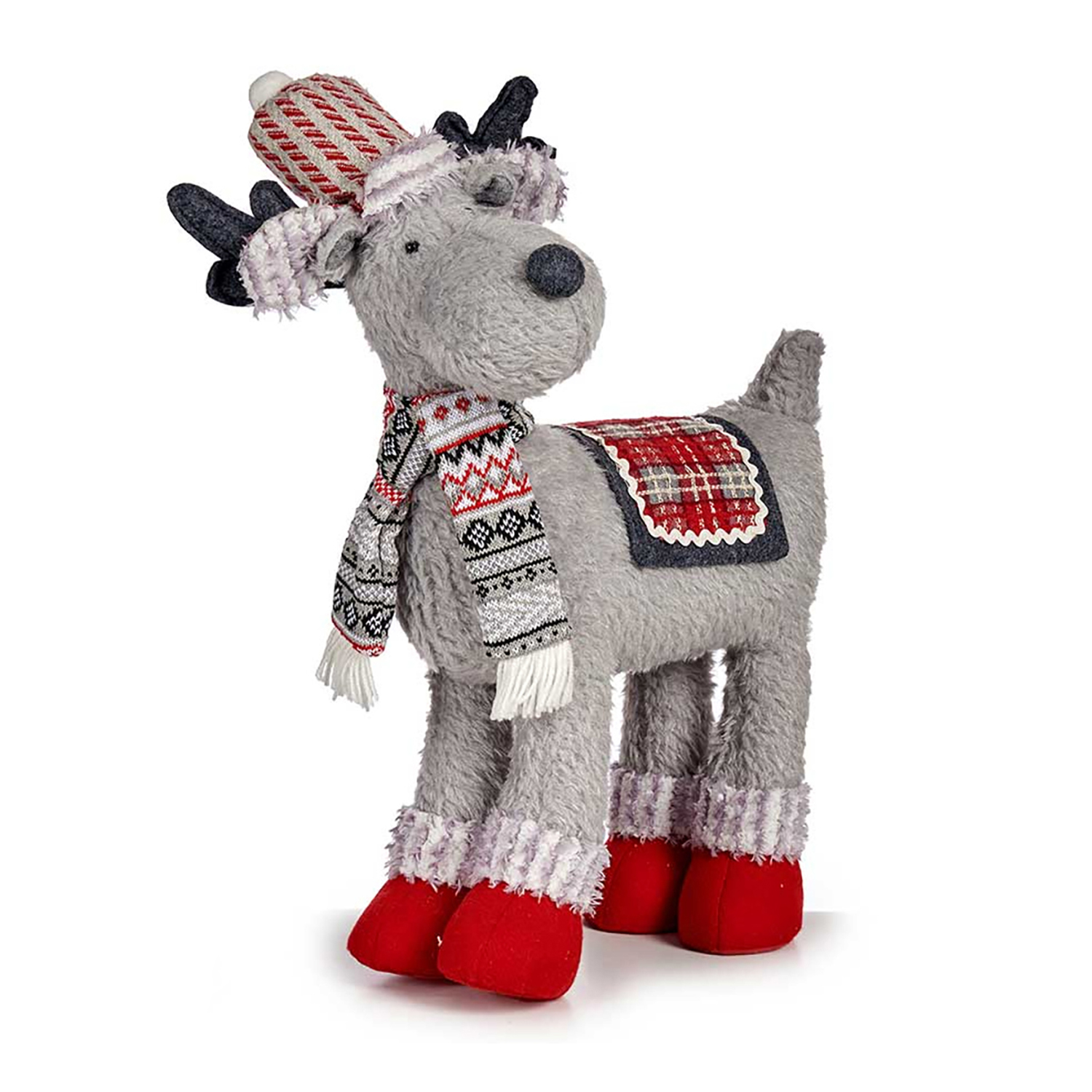 Reno di peluche grigio con cappello, sciarpa e stivali rossi.