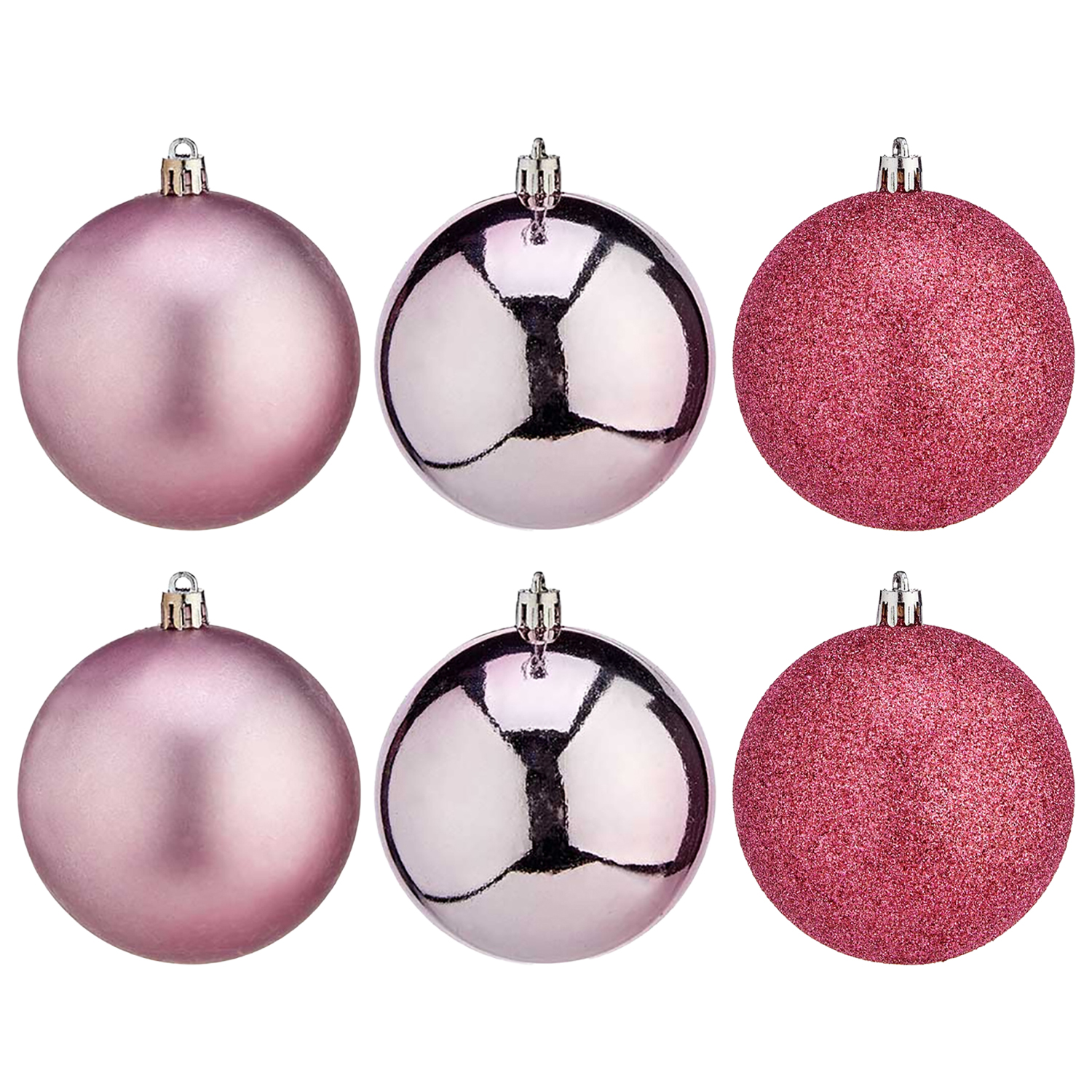 Sei palline di Natale rosa su sfondo bianco.