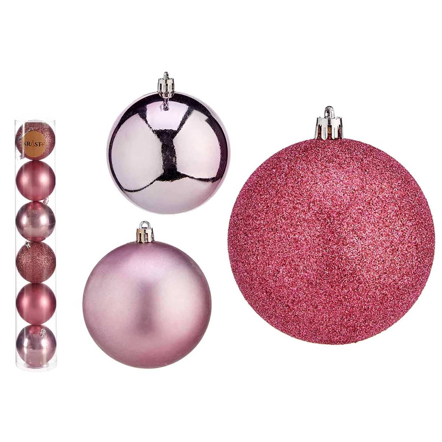 Palle di Natale rosa in confezione tubolare e singole, lucide e glitterate.